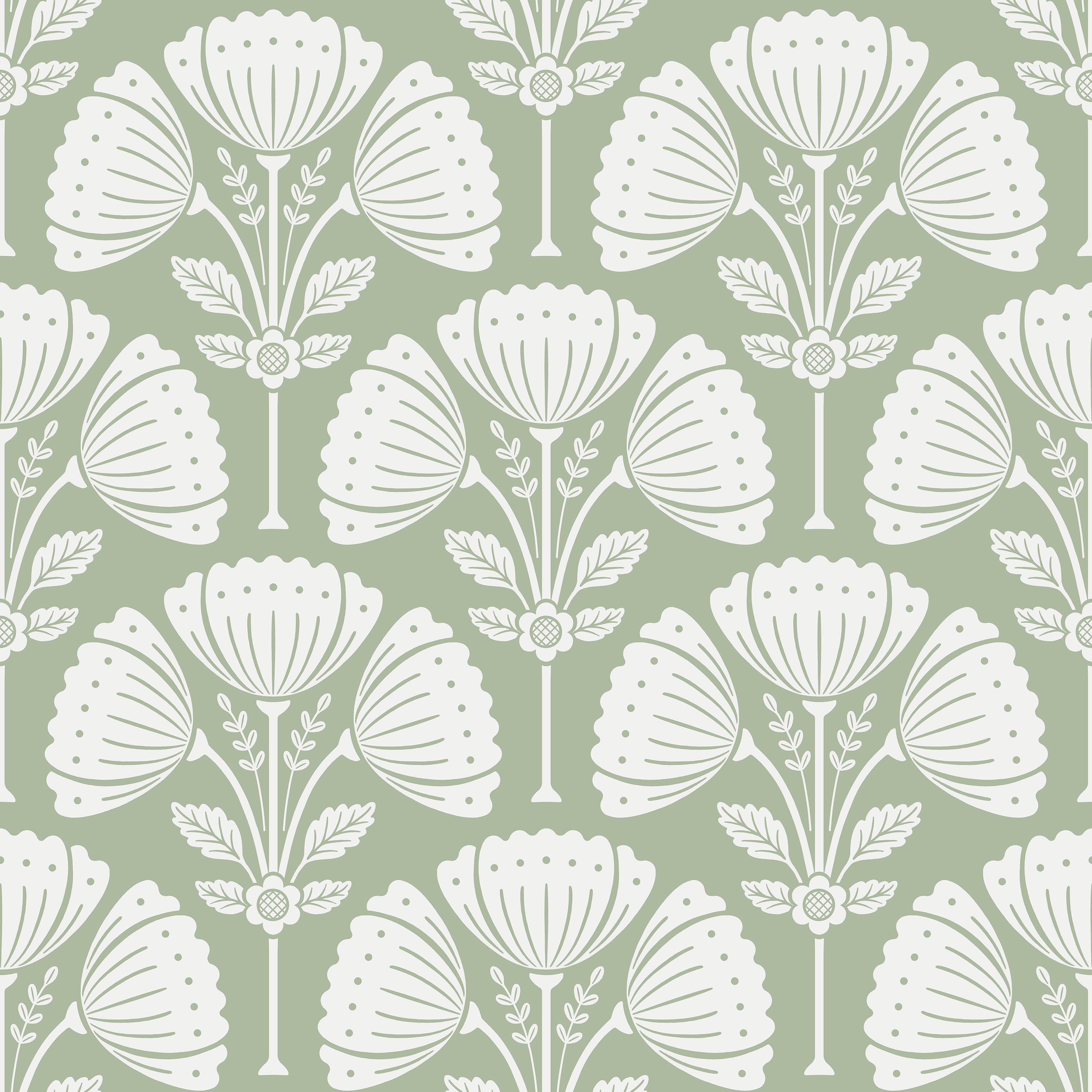 White floral pattern on a green background